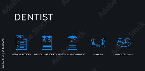 5 outline stroke blue malocclusion, maxilla, medical appointment, medical prescription, medical record icons from dentist collection on black background. line editable linear thin icons.