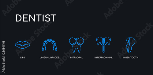 5 outline stroke blue inner tooth, interproximal, intraoral, lingual braces, lips icons from dentist collection on black background. line editable linear thin icons.