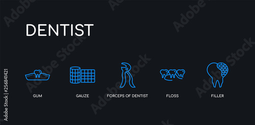 5 outline stroke blue filler, floss, forceps of dentist tools, gauze, gum icons from dentist collection on black background. line editable linear thin icons.