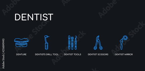5 outline stroke blue dentist mirror, dentist scissors, dentist tools, dentists drill tool, denture icons from collection on black background. line editable linear thin icons.
