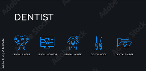 5 outline stroke blue dental folder, dental hook, dental house, monitor, plaque icons from dentist collection on black background. line editable linear thin icons.