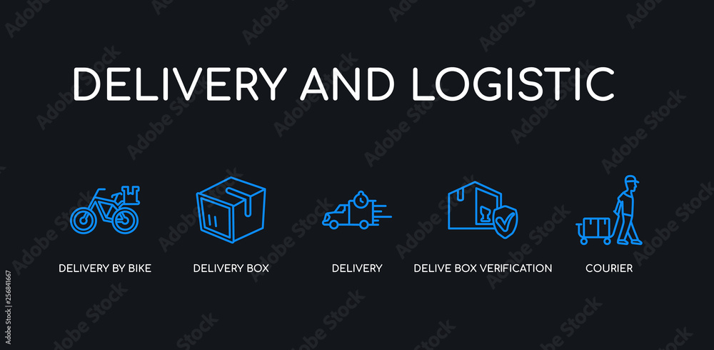 5 outline stroke blue courier, delive box verification, delivery, delivery box, delivery by bike icons from and logistic collection on black background. line editable linear thin icons. 5 outline stroke blue courier, delive box verification, delivery, delivery box, delivery by bike icons from and logistic collection on black background. line editable linear thin icons.