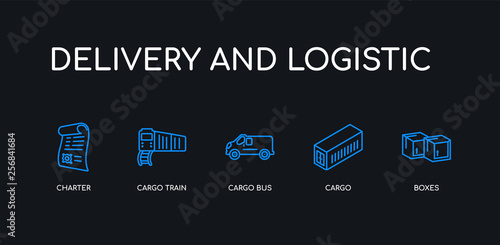 5 outline stroke blue boxes, cargo, cargo bus, cargo train, charter icons from delivery and logistic collection on black background. line editable linear thin icons.