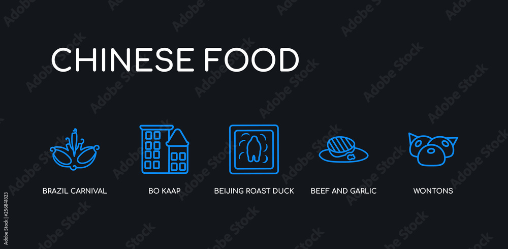 5 outline stroke blue wontons, beef and garlic, beijing roast duck, bo kaap, brazil carnival mask icons from chinese food collection on black background. line editable linear thin icons.