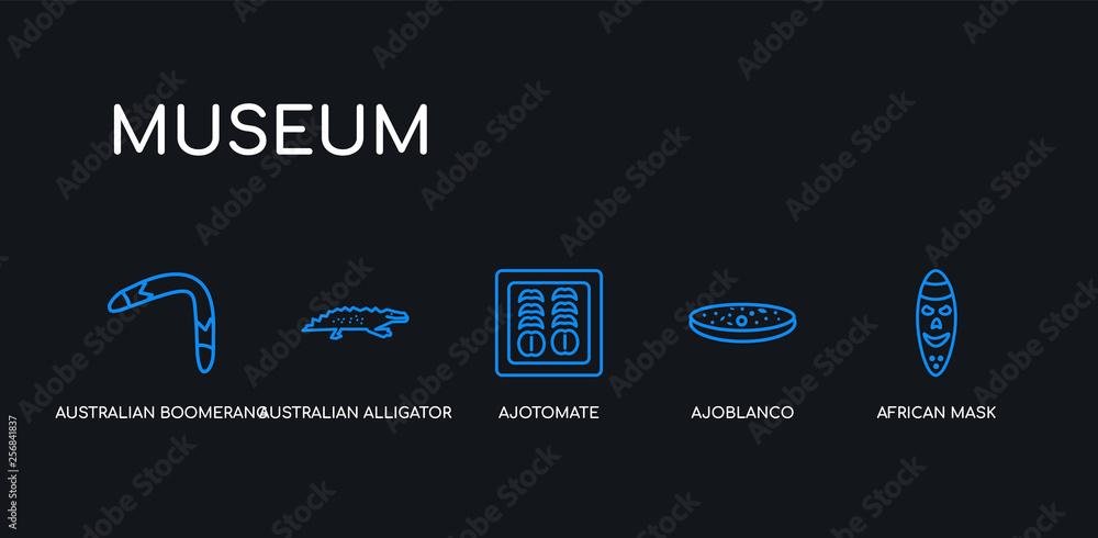 5 outline stroke blue african mask, ajoblanco, ajotomate, australian alligator, australian boomerang icons from museum collection on black background. line editable linear thin icons. 5 outline stroke blue african mask, ajoblanco, ajotomate, australian alligator, australian boomerang icons from museum collection on black background. line editable linear thin icons.