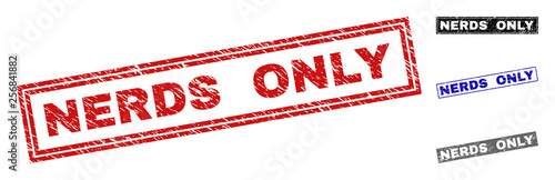 Grunge NERDS ONLY rectangle stamp seals isolated on a white background. Rectangular seals with grunge texture in red, blue, black and grey colors.