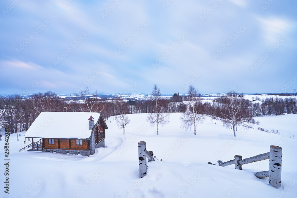 Beautiful landscape of Biei fields in winter from Hokusei hill observatory in Biei city, Hokkaido, Japan.
