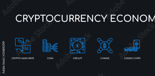 5 outline stroke blue casino chips, chains, circuit, coin, crypto hash rate icons from cryptocurrency economy collection on black background. line editable linear thin icons.