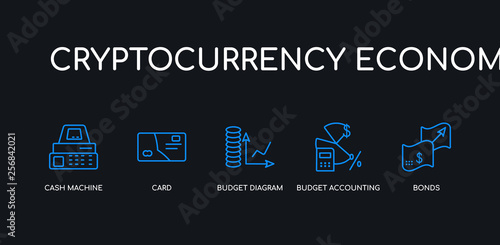 5 outline stroke blue bonds, budget accounting, budget diagram, card, cash machine icons from cryptocurrency economy collection on black background. line editable linear thin icons.