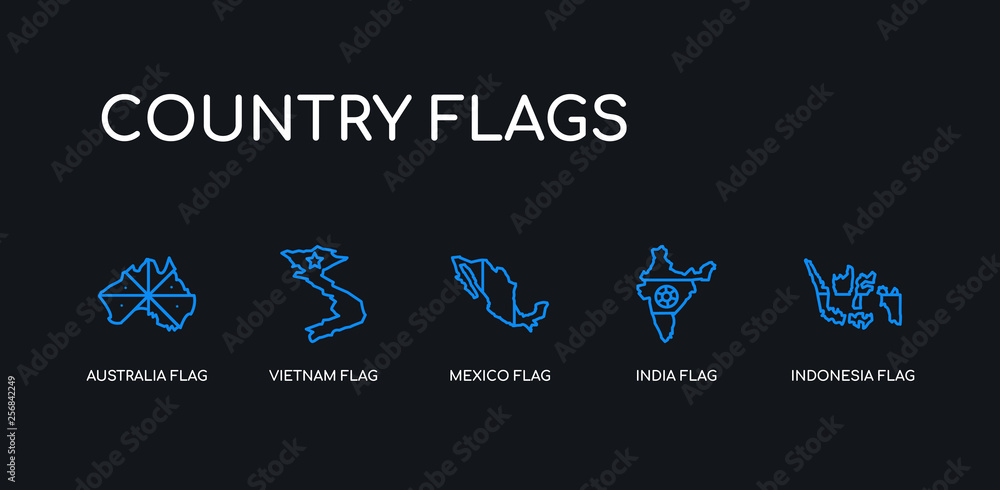 5 outline stroke blue indonesia flag, india flag, mexico flag, vietnam australia icons from country flags collection on black background. line editable linear thin icons.