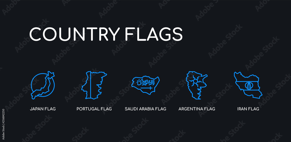 Fototapeta premium 5 outline stroke blue iran flag, argentina flag, saudi arabia flag, portugal japan icons from country flags collection on black background. line editable linear thin icons.
