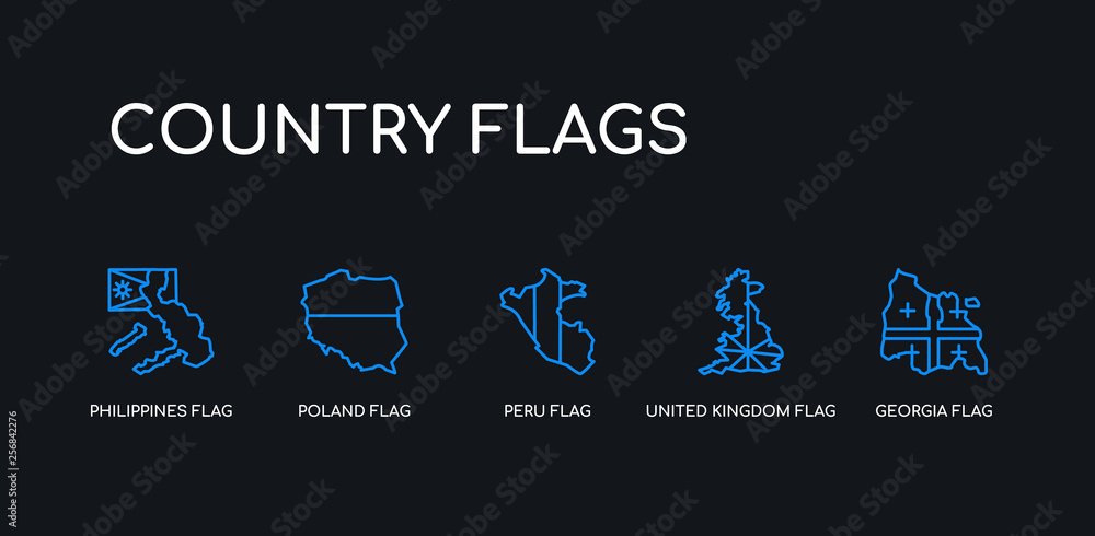 5 outline stroke blue georgia flag, united kingdom flag, peru flag, poland philippines icons from country flags collection on black background. line editable linear thin icons.