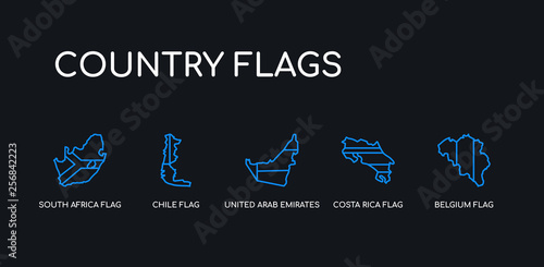 5 outline stroke blue belgium flag, costa rica flag, united arab emirates flag, chile south africa icons from country flags collection on black background. line editable linear thin icons.