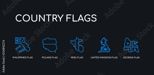 5 outline stroke blue georgia flag, united kingdom flag, peru flag, poland philippines icons from country flags collection on black background. line editable linear thin icons.