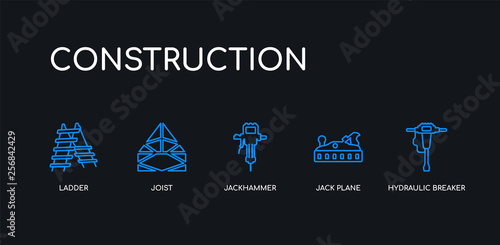 5 outline stroke blue hydraulic breaker, jack plane, jackhammer, joist, ladder icons from construction collection on black background. line editable linear thin icons.