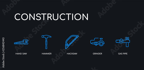 5 outline stroke blue gas pipe, grinder, hacksaw, hammer, hand saw icons from construction collection on black background. line editable linear thin icons.