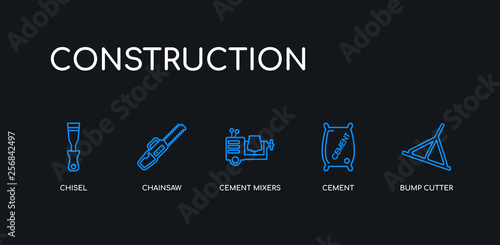 5 outline stroke blue bump cutter, cement, cement mixers, chainsaw, chisel icons from construction collection on black background. line editable linear thin icons.
