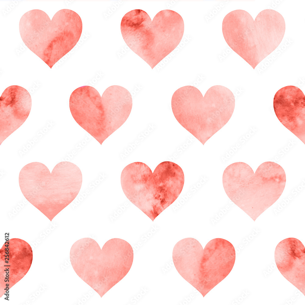 Seamless pattern with watercolor red hearts on white background. Living Coral color of the year 2019.