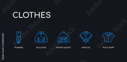 5 outline stroke blue polo shirt, poncho, puffer jacket, pullover, pyjamas icons from clothes collection on black background. line editable linear thin icons.