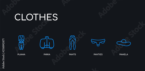5 outline stroke blue pamela, panties, pants, parka, pijama icons from clothes collection on black background. line editable linear thin icons.