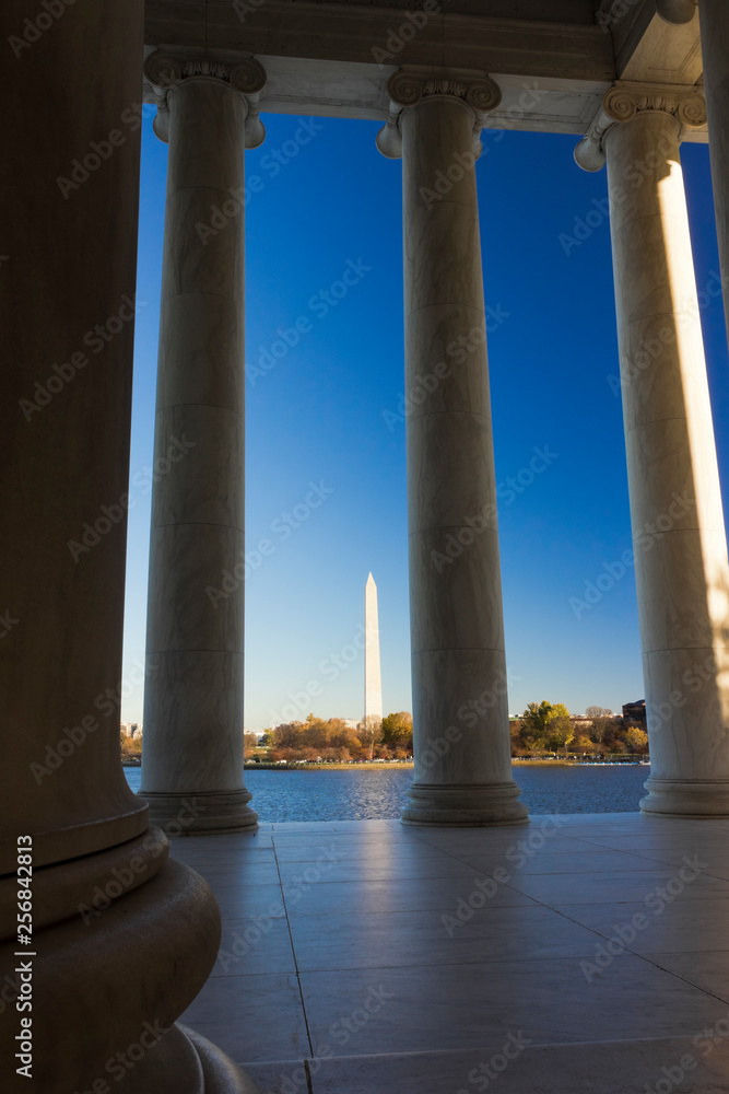 View looking northwards from the classical portico of the Jefferson Memorial towards America's national monument, the Washington Monument, Washington DC