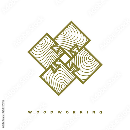 illustration consisting of a picture of a piece of wood and the inscription "woodworking" in the form of a symbol or logo