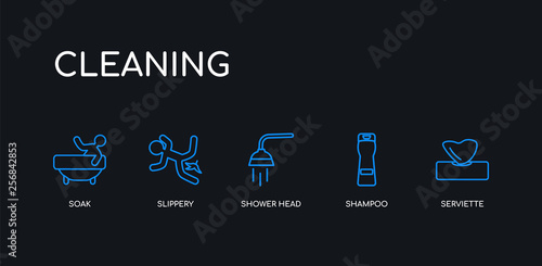 5 outline stroke blue serviette, shampoo, shower head, slippery, soak icons from cleaning collection on black background. line editable linear thin icons.