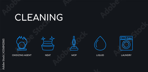 5 outline stroke blue laundry, liquid, mop, neat, oxidizing agent icons from cleaning collection on black background. line editable linear thin icons.