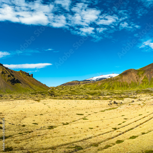 Fototapeta Naklejka Na Ścianę i Meble -  Snaefellsjoekull volcanic peak and Icelandic colorful and wild landscape on Iceland, at summer time, blue sky