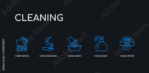 5 outline stroke blue hand dryer, hand soap, hand wash, washing, hard water icons from cleaning collection on black background. line editable linear thin icons.
