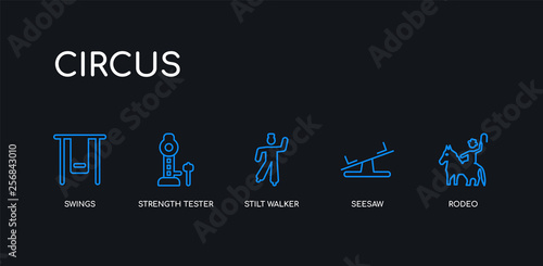 5 outline stroke blue rodeo, seesaw, stilt walker, strength tester, swings icons from circus collection on black background. line editable linear thin icons.