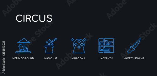 5 outline stroke blue knife throwing, labyrinth, magic ball, magic hat, merry go round icons from circus collection on black background. line editable linear thin icons.