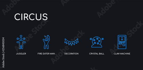 5 outline stroke blue claw machine, crystal ball, decoration, fire eater man, juggler icons from circus collection on black background. line editable linear thin icons.