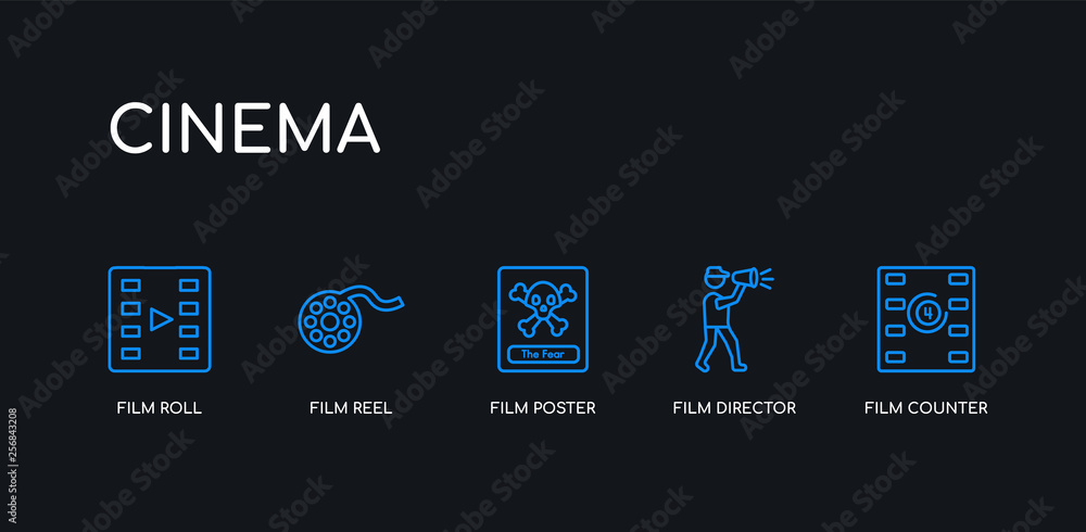 5 outline stroke blue film counter, film director, film poster, reel, roll icons from cinema collection on black background. line editable linear thin icons. 5 outline stroke blue film counter, film director, film poster, reel, roll icons from cinema collection on black background. line editable linear thin icons.