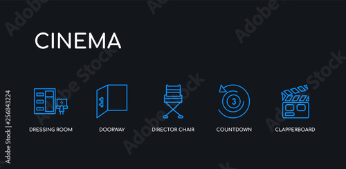 5 outline stroke blue clapperboard, countdown, director chair, doorway, dressing room icons from cinema collection on black background. line editable linear thin icons.