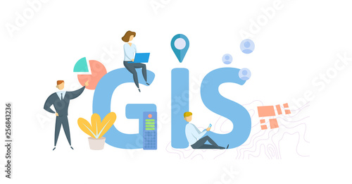 GIS, geographic information system. Concept with people, letters and icons. Colored flat vector illustration. Isolated on white background.