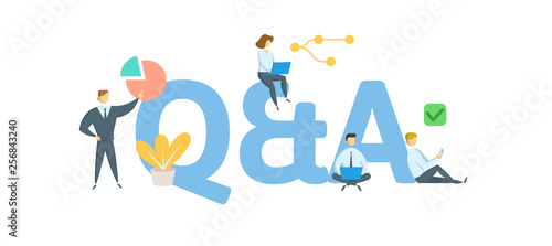 Q and A, questions and answers. Concept with people, letters and icons. Colored flat vector illustration. Isolated on white background.