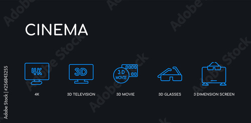 5 outline stroke blue 3 dimension screen, 3d glasses, 3d movie, 3d television, 4k icons from cinema collection on black background. line editable linear thin icons.