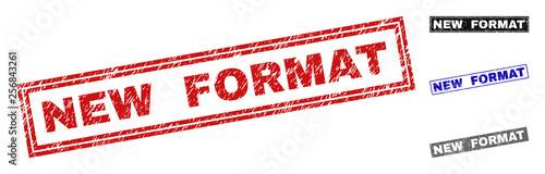 Grunge NEW FORMAT rectangle stamp seals isolated on a white background. Rectangular seals with grunge texture in red, blue, black and grey colors.