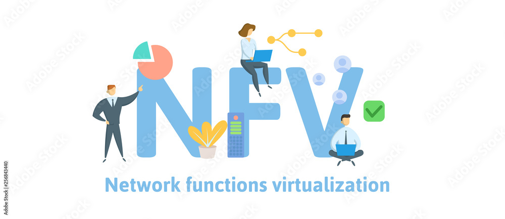 NFV, Network Functions Virtualization. Concept with keywords, letters and icons. Colored flat vector illustration. Isolated on white background. NFV, Network Functions Virtualization. Concept with keywords, letters and icons. Colored flat vector illustration. Isolated on white background.