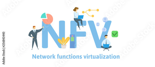 NFV, Network Functions Virtualization. Concept with keywords, letters and icons. Colored flat vector illustration. Isolated on white background.