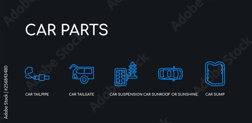 5 outline stroke blue car sump, car sunroof or sunshine roof, car suspension, tailgate, tailpipe icons from parts collection on black background. line editable linear thin icons.