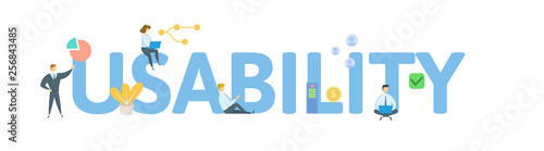 USABILITY. Concept with people, letters and icons. Colored flat vector illustration. Isolated on white background.