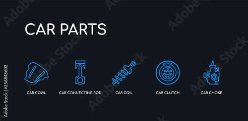 5 outline stroke blue car choke, car clutch, car coil, connecting rod, cowl icons from parts collection on black background. line editable linear thin icons.