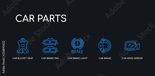 5 outline stroke blue car wing mirror, car brake, car brake light, brake pad, bucket seat icons from parts collection on black background. line editable linear thin icons.
