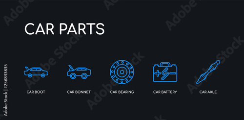 5 outline stroke blue car axle, car battery, car bearing, bonnet, boot icons from parts collection on black background. line editable linear thin icons.