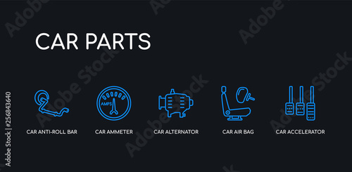 5 outline stroke blue car accelerator, car air bag, car alternator, ammeter, anti-roll bar icons from parts collection on black background. line editable linear thin icons.