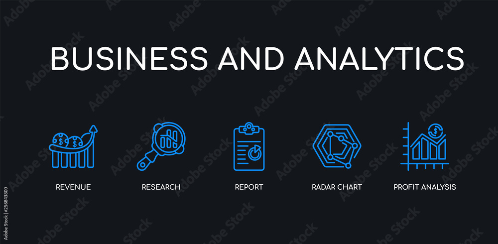 5 outline stroke blue profit analysis, radar chart, report, research, revenue icons from business and analytics collection on black background. line editable linear thin icons.