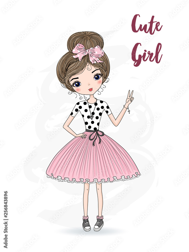 Fototapeta premium Hand drawn cute fashion cartoon girl. Vector illustration.
