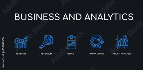 5 outline stroke blue profit analysis, radar chart, report, research, revenue icons from business and analytics collection on black background. line editable linear thin icons.